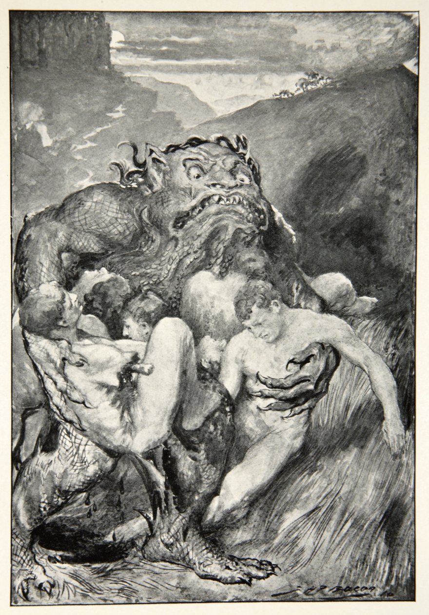 O demônio do mal, com seu feroz arrebatamento, avidamente agarrou-os, de "mitos heróicos e lendas da raça britânica" por MI Ebbutt, 1910 de John Henry Frederick Bacon