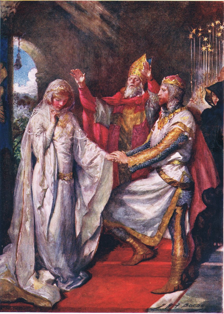 O casamento do rei Artur e da rainha Guinevere, ilustração para &39;Children&39;s Stories from Tennyson&39; de Nora Chesson de John Henry Frederick Bacon