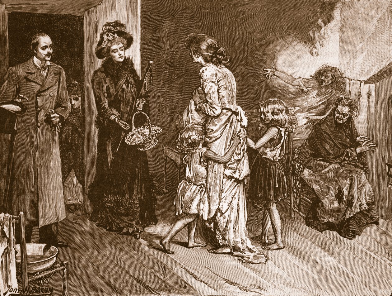 Oeste encontra Oriente: bem para fazer visitas a uma habitação de favela, ilustração de &39;História Ilustrada de Cassell da Inglaterra&39; (foto sépia) de John Henry Frederick Bacon