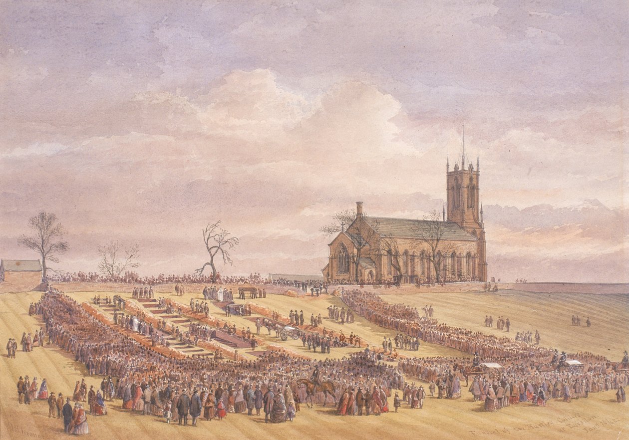 Enterro das Vítimas do Desastre de Mina Hartley em Earsdon Churchyard, 26 de janeiro de 1862 (aguarela sobre papel) de John Henry Leonard