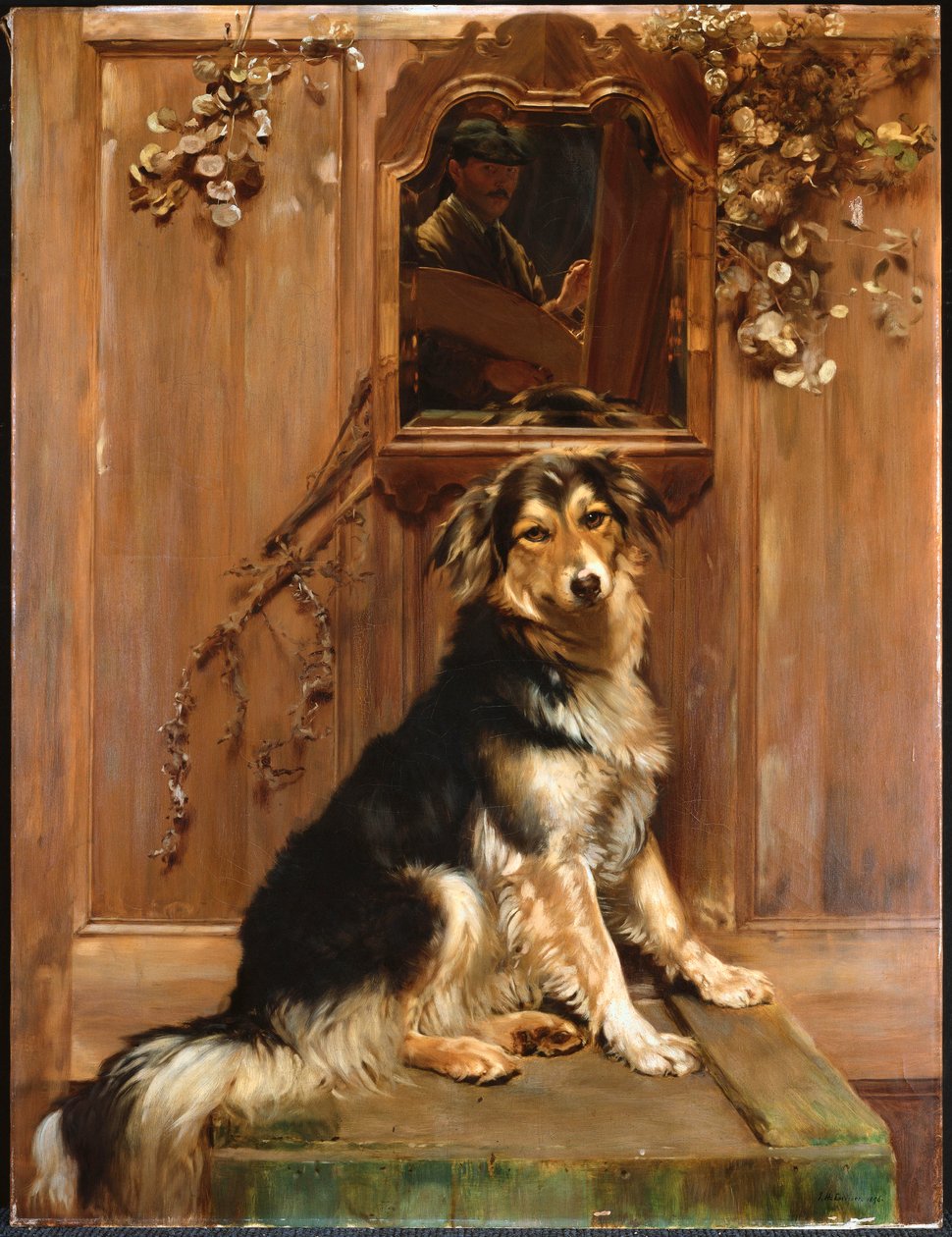 Um cachorro e um espelho (óleo sobre tela) de John Henry Lorimer