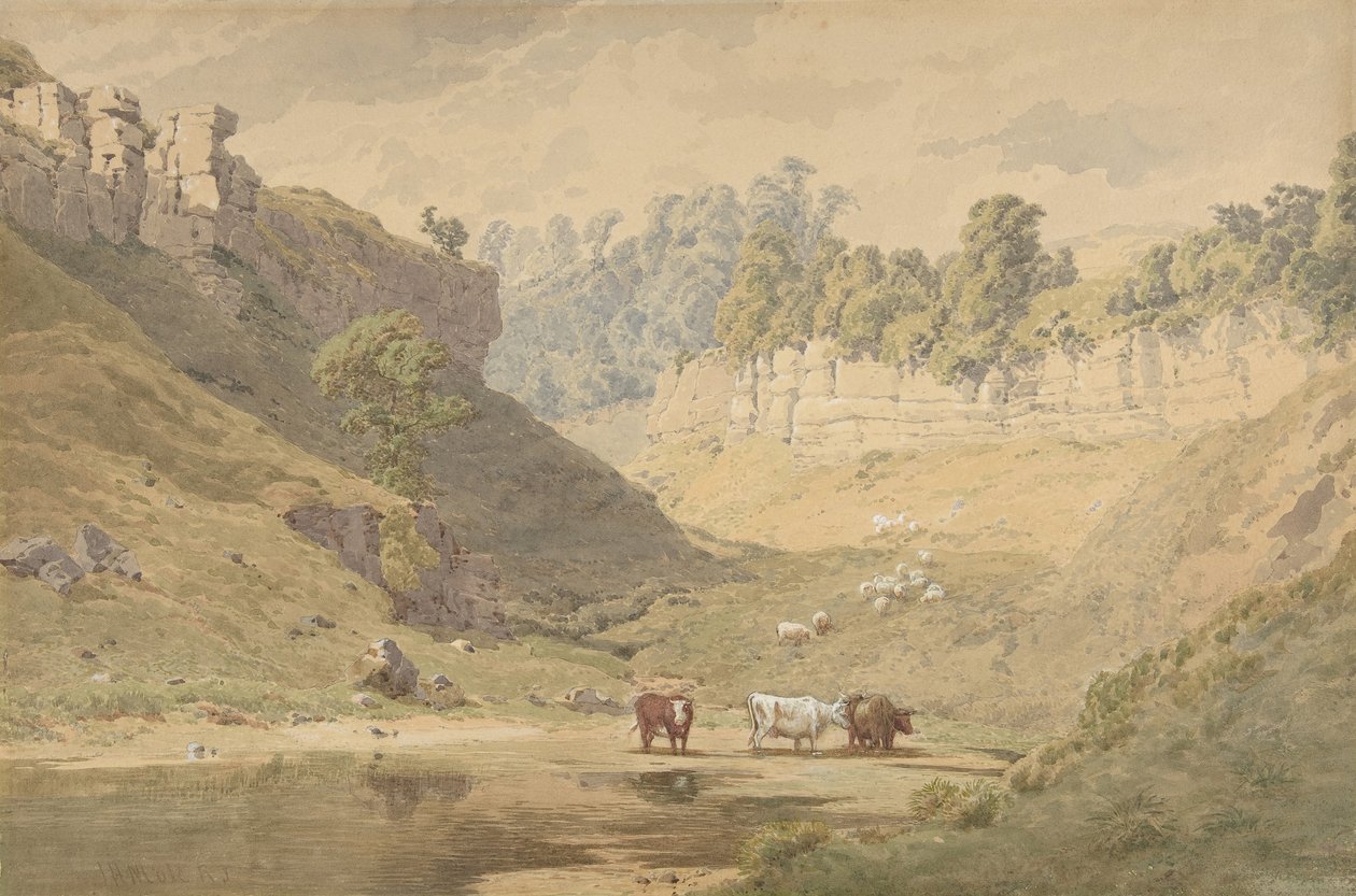 Gado em um bebedouro em um vale, 1830-86. de John Henry Mole