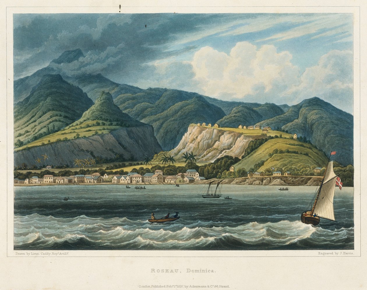 A cidade de Roseau, Dominique (Caraibes). Litografia (32,2x46,6 cm) do tenente John Herbert Caddy (1801-1883) de John Herbert Caddy
