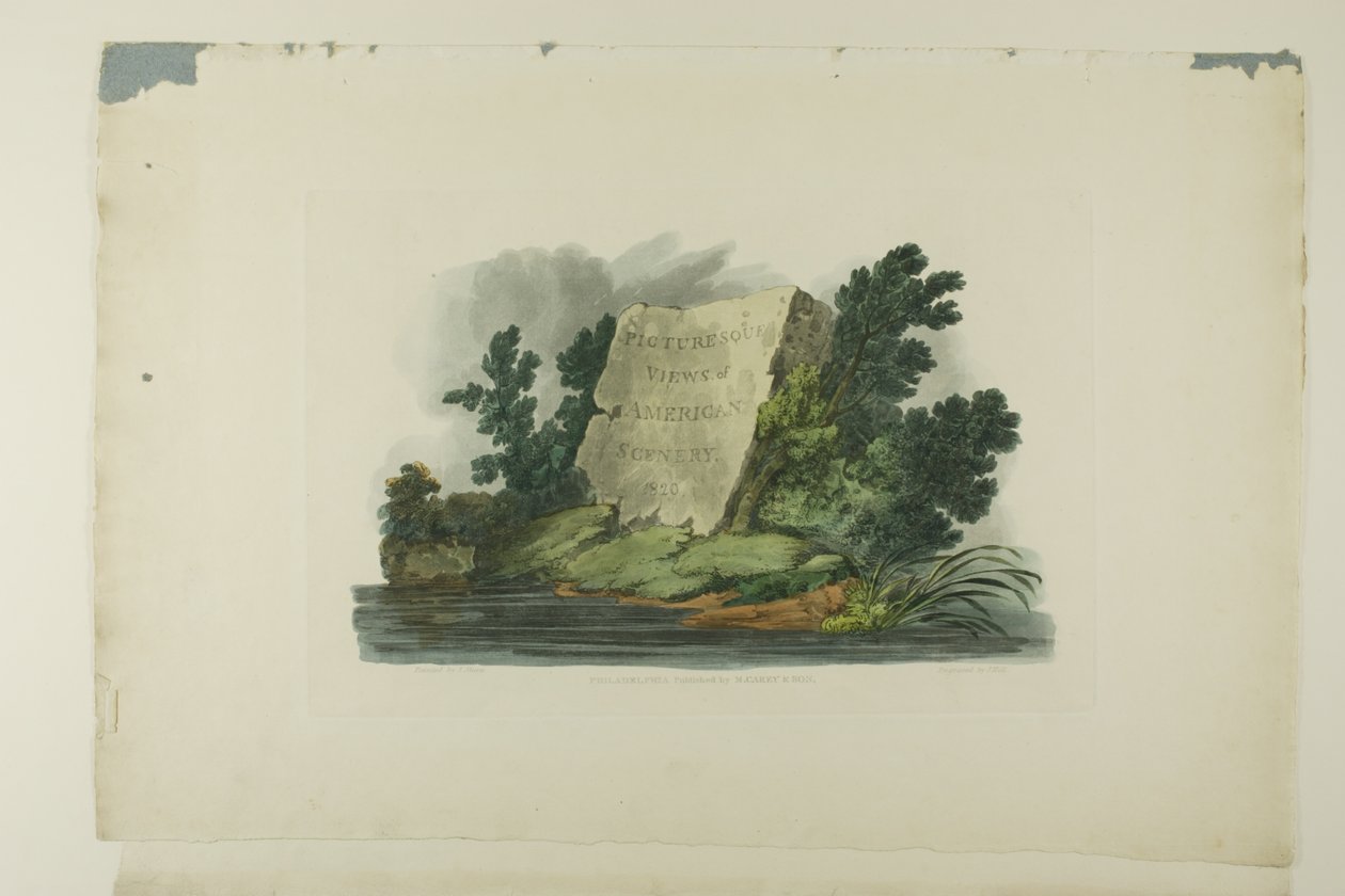 Página de rosto, vinheta e placa um do primeiro número de Vistas pitorescas do cenário americano de John Hill