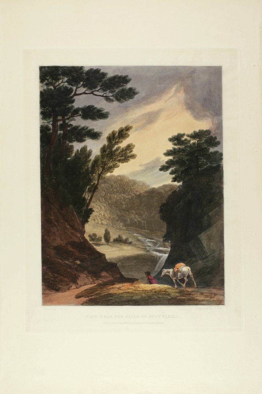 Vista Perto das Cataratas de Schuylkill, Pennsylvania, placa cinco do primeiro número de Picturesque Views of American Scenery de John Hill