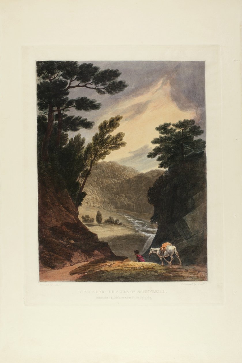 Vista Perto das Cataratas de Schuylkill, Pensilvânia, placa cinco do primeiro número de Vistas Pitorescas do Cenário Americano, 1819-21 de John Hill
