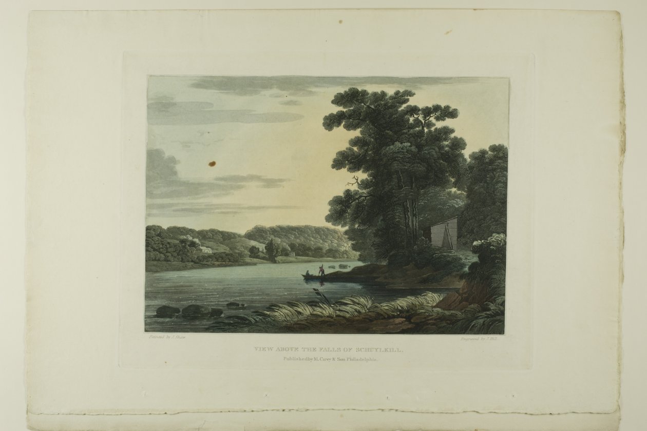 Vista acima das Cataratas de Schuylkill, placa três do primeiro número de Vistas pitorescas do cenário americano de John Hill