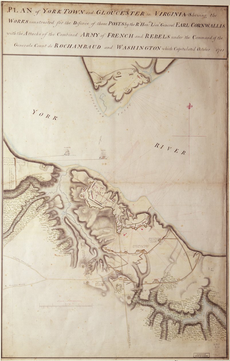 Mapa britânico do cerco de Yorktown, 1781 de John Hills