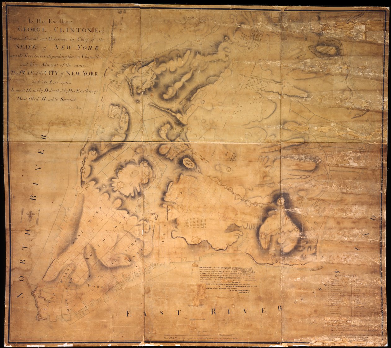 Para sua excelência, George Clinton, Esq. . . Este plano da cidade de Nova York e seus arredores. . ., 1785 (tinta preta e colorida, lápis preto e lavagem de cores em papel com um pano) de John Hills