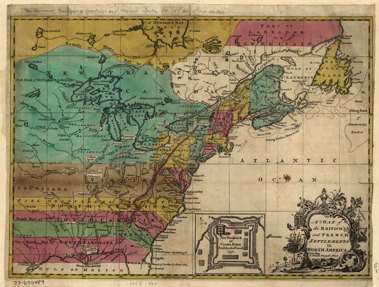Um mapa das colónias britânicas e francesas na América do Norte. LOC 77690484 de John Hinton