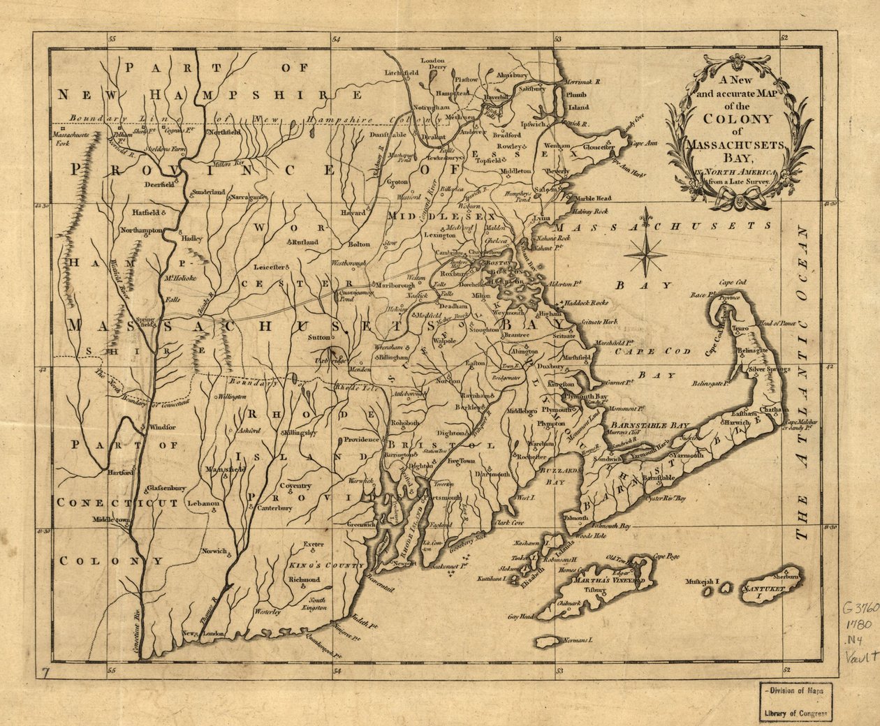 Um mapa novo e preciso da colónia da Baía de Massachusetts (i.e. Massachusetts), na América do Norte, a partir de um levantamento tardio. LOC 2001620337 de John Hinton