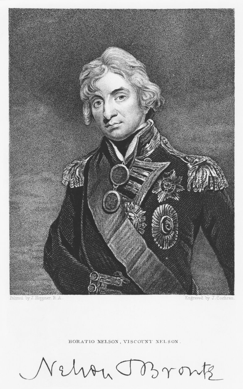 Retrato do almirante Horatio Nelson com sua assinatura, gravada por John Cochran (fl.1821-65) de John Hoppner