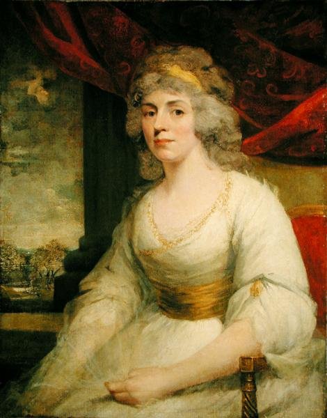 Retrato da Sra. Billington sentada, três quartos de comprimento com um vestido branco (óleo sobre tela) de John Hoppner