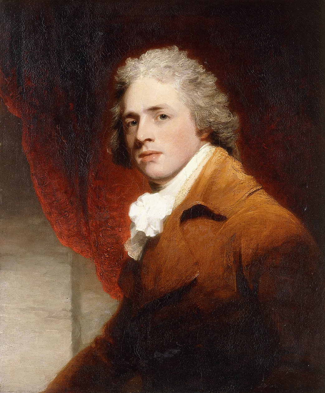 Retrato de um cavalheiro, meio comprimento de corpo, em uma cor marrom e branca, uma cortina vermelha por trás, de John Hoppner