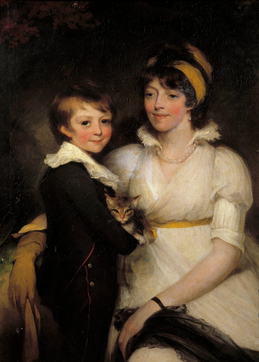 Mulher jovem e rapazinho segurando um gato Pintura de John Hoppner (1758-1810) de John Hoppner