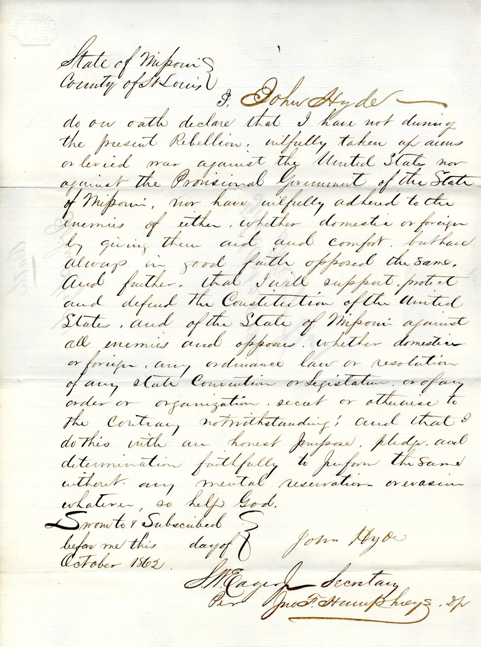 Juramento de lealdade de John Hyde do Missouri, Condado de St.Louis de John Hyde