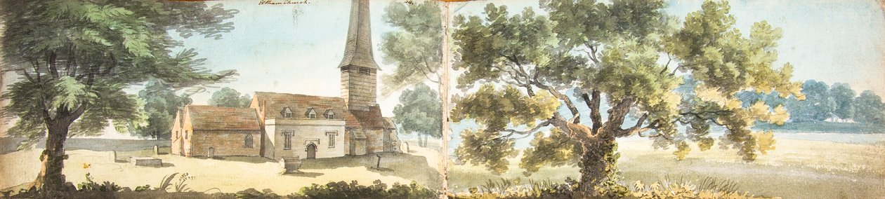Antiga igreja de Eltham e um carvalho, Kent (aguarela) de John Inigo Richards