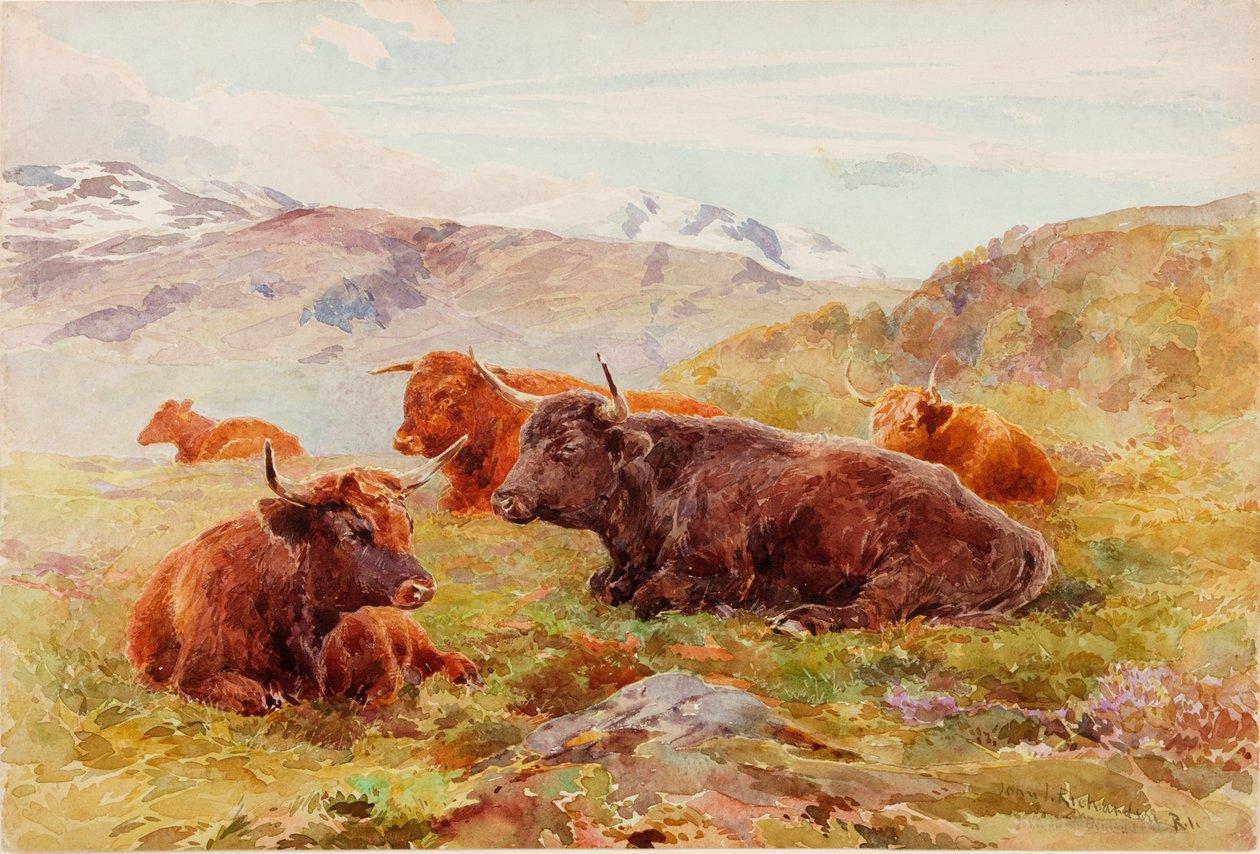 Paisagem das montanhas com gado de John Isaac Richardson