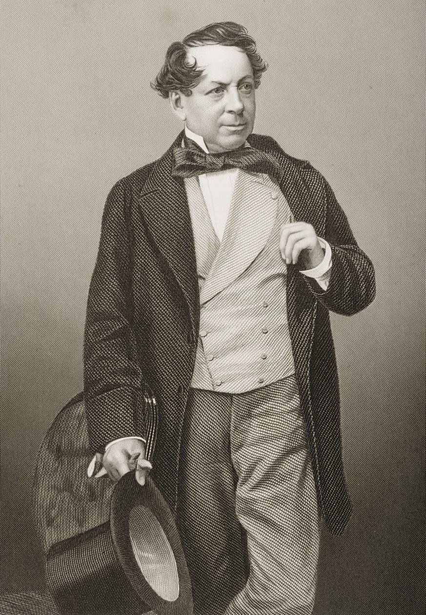 John Baldwin Buckstone (1802-79), gravado por DJ Pound de uma fotografia, de "A Sala de Estar de Personagens Eminentes, Volume 2", publicado em Londres, 1860 de John Jabez Edwin Paisley Mayall