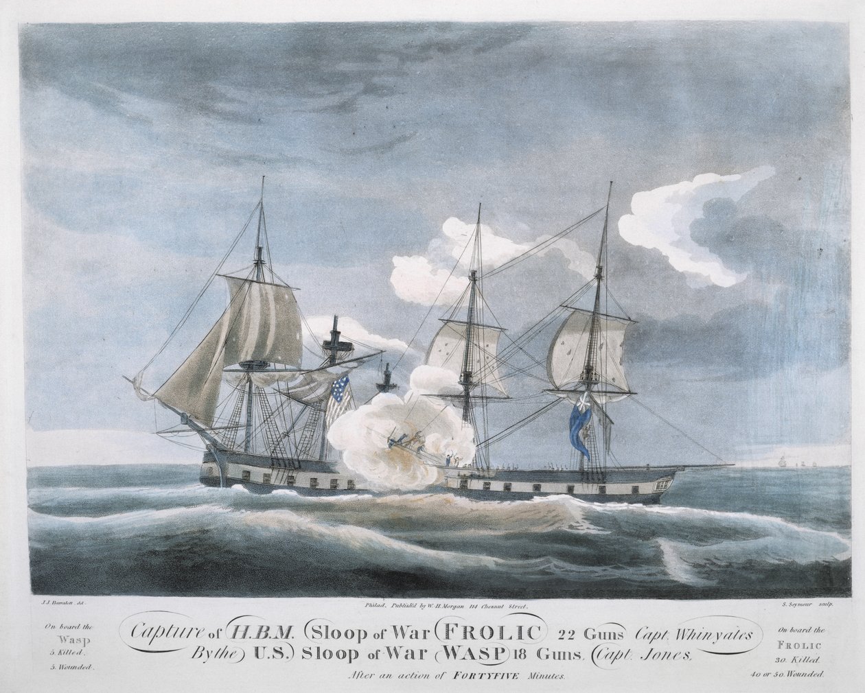 Captura de H.B.M. Sloop of War FROLIC, 22 Guns, Capt. Whinyates By the U.S. Sloop of War WASP de John James (after) Barralet