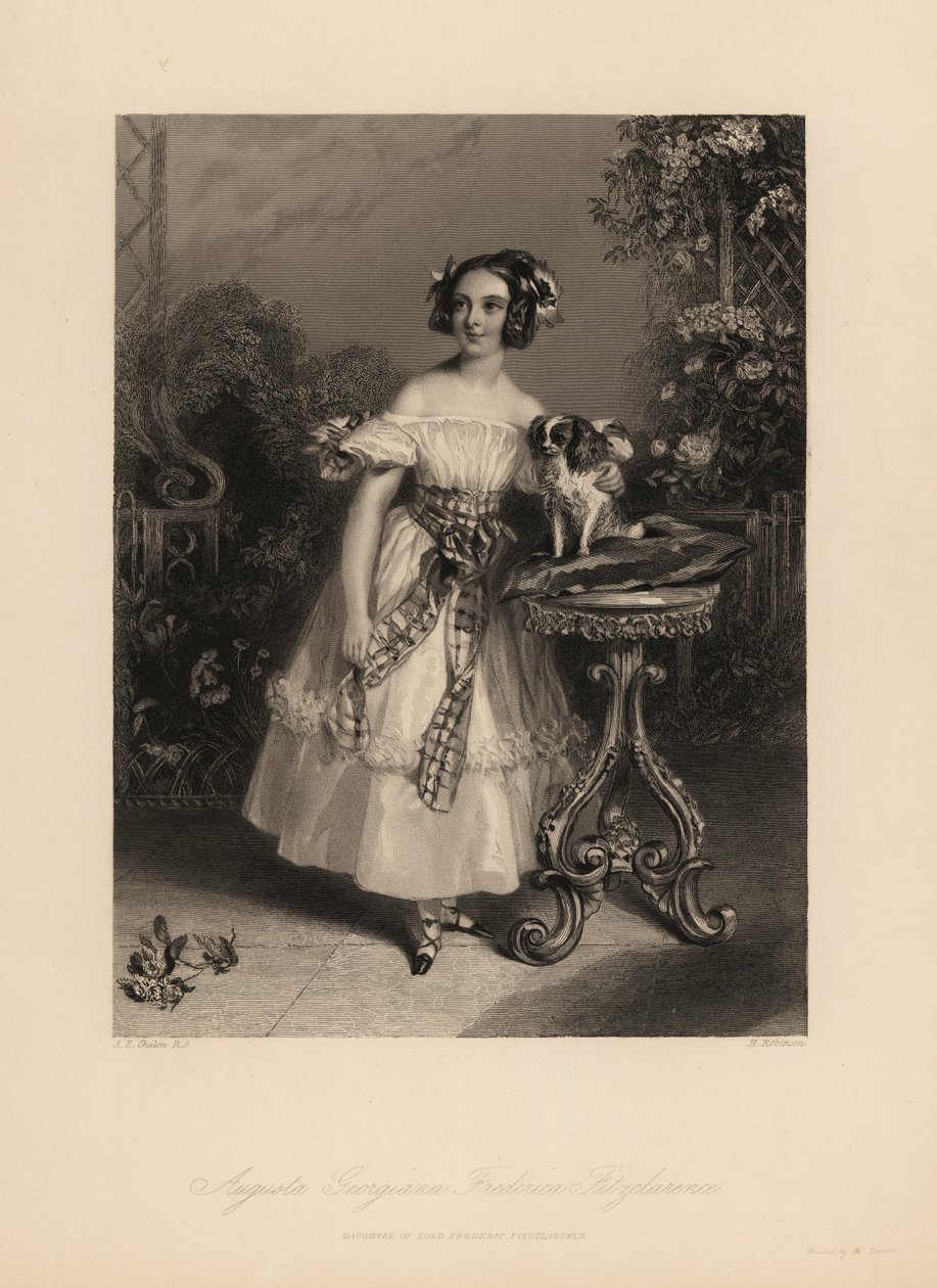Augusta Georgina Frederica Fitzclarence, filha do Senhor Frederic Fitzclarence, filho ilegítimo do Rei Guilherme IV. Usa o cabelo em argolas e fitas, veste um vestido amarrado com uma faixa, segura o rei Charles spaniel em um cushio. de John James (after) Chalon