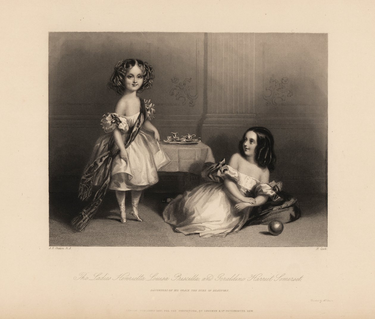 Henrietta Louisa Priscilla e Geraldine Harriet Somerset, filhas de Henry Somerset, 7º Duque de Beaufort. Duas meninas em vestidos fora do ombro com fitas, cabelo em argolas, brincando com um conjunto de chá de brinquedo e bola. Gravura em aço por H. Cook d de John James (after) Chalon