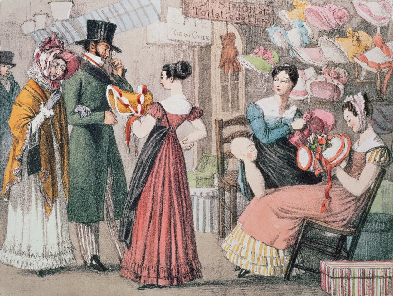 At the Milliners (La Marchande de Modes), impresso por Charles Joseph Hullmandel (1789-1850), pub. por Rodwell e Martin, 1822 de John James Chalon