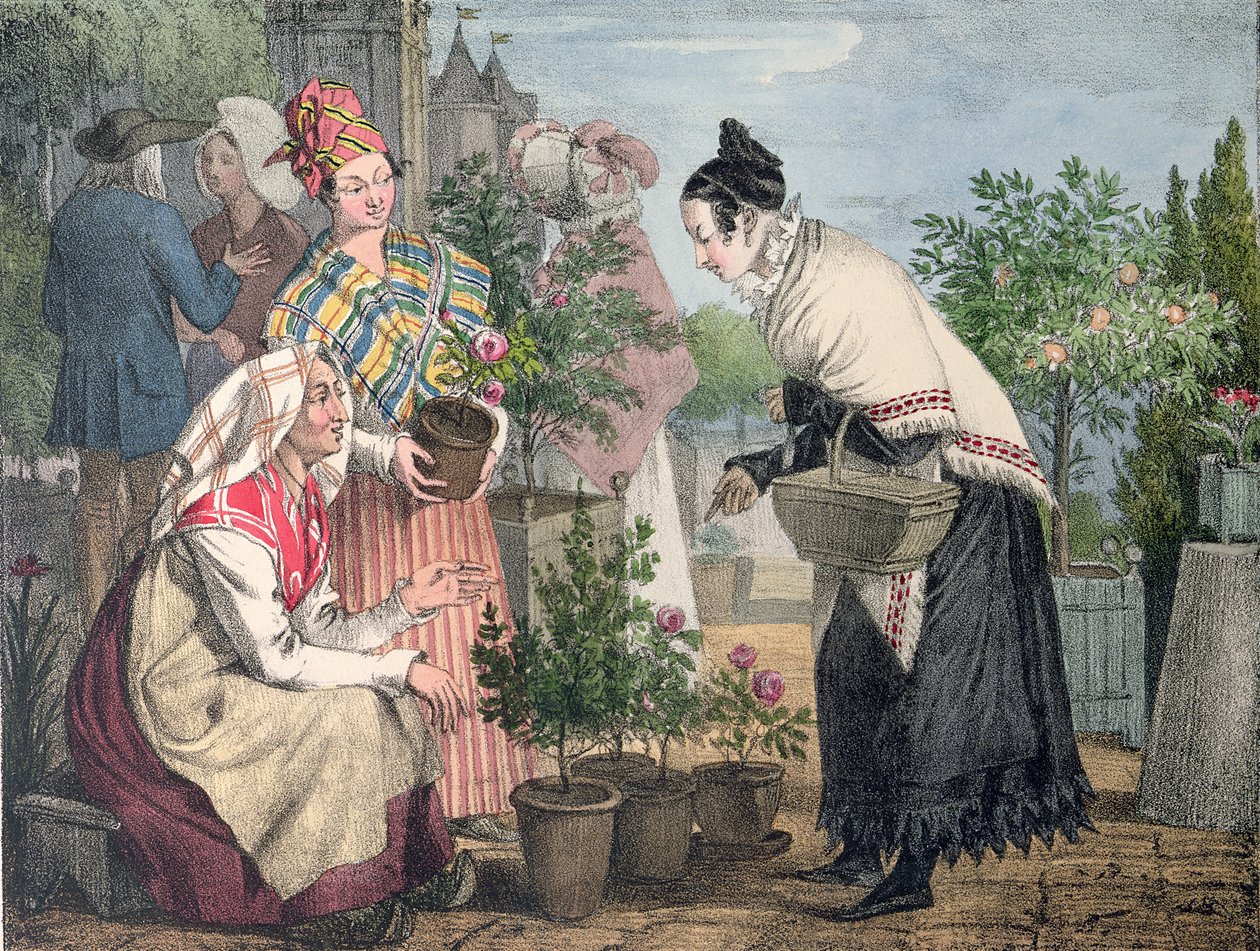 O mercado de flores, Paris, gravado por Charles Joseph Hullmandel (1789-1850), publicado em 1821 de John James Chalon