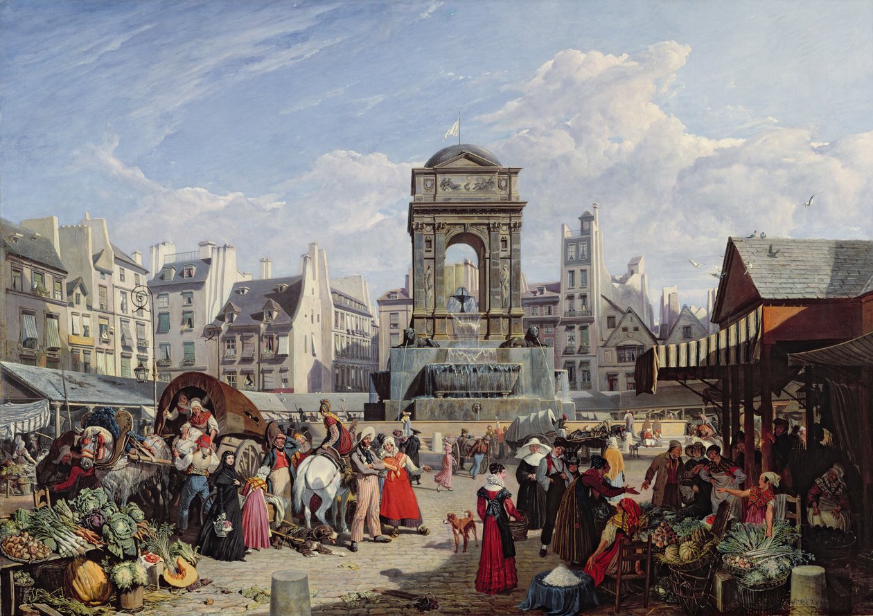 O Mercado e a Fonte dos Inocentes, Paris, 1823 de John James Chalon