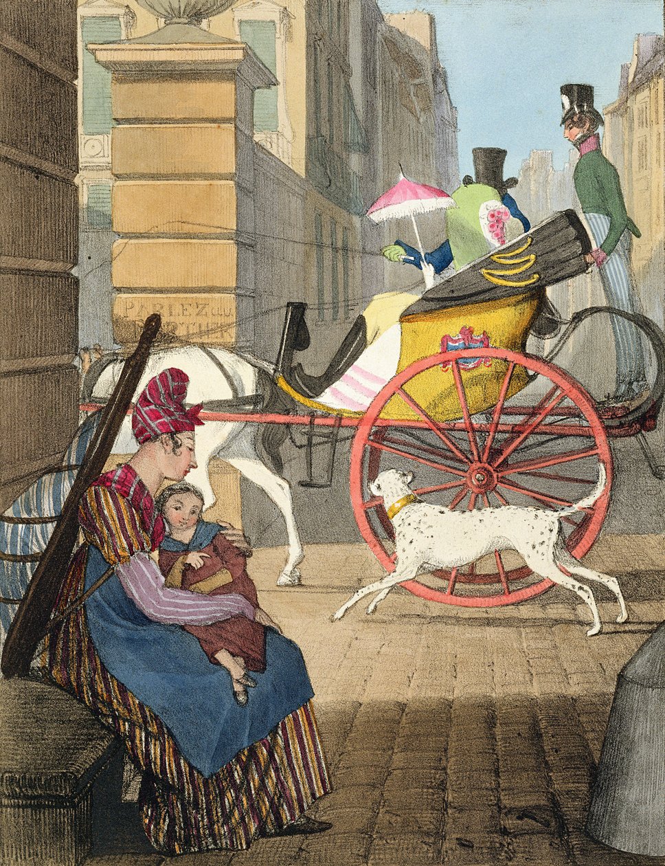 A entrada da carruagem, de "Vinte e quatro súditos, exibindo o traje de Paris", gravada por Charles Joseph Hullmandel (1789-1850), publicada em 1817-22 de John James Chalon