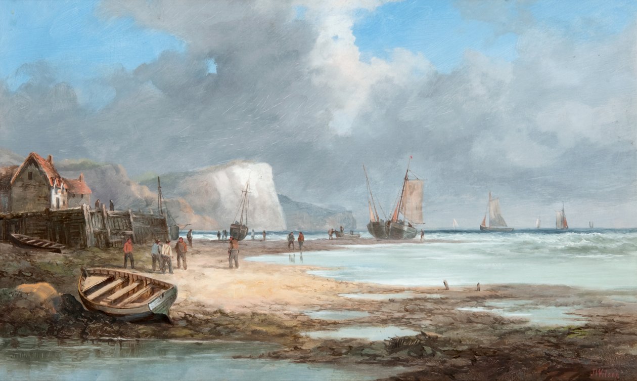 Vista do mar com barcos de pesca e uma casa de John James Wilson