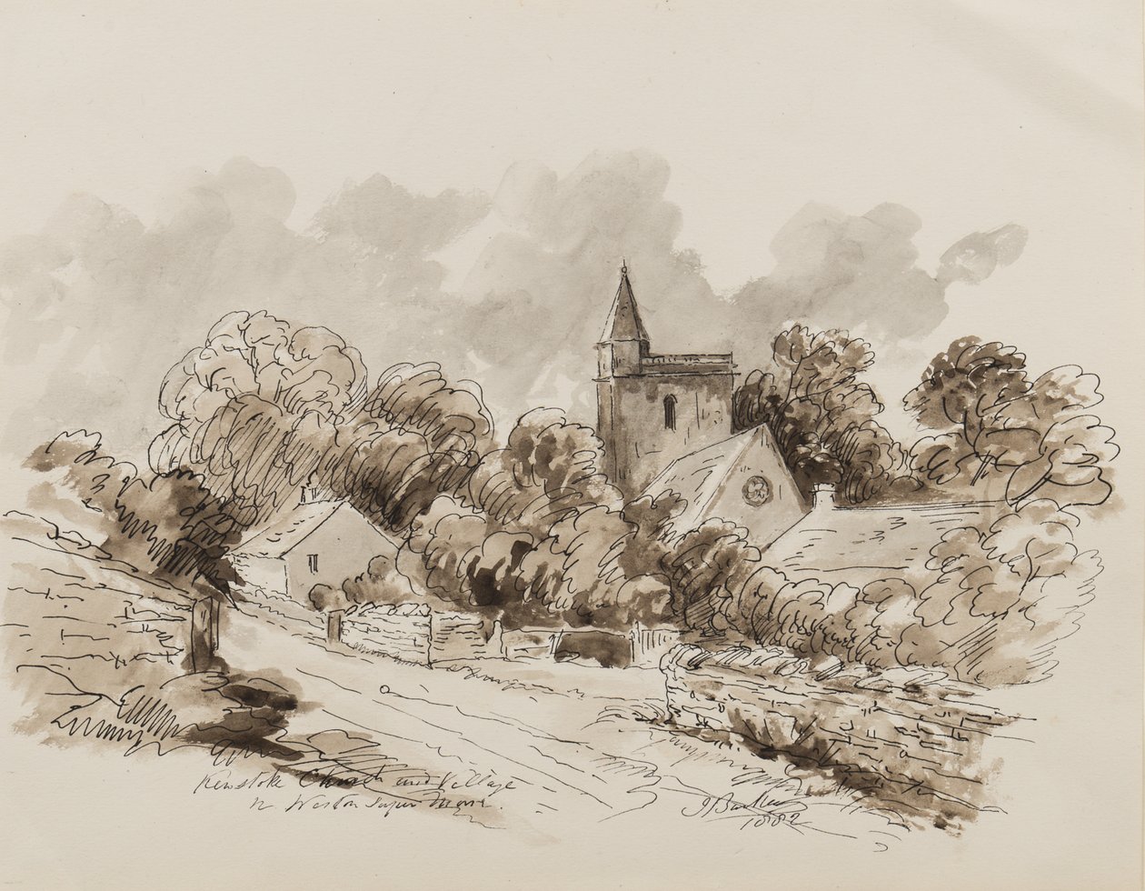 Igreja de Kewstoke e Aldeia, Weston Super Mare, Somerset, 1882 (caneta, pincel e tinta sobre papel) de John Joseph Barker