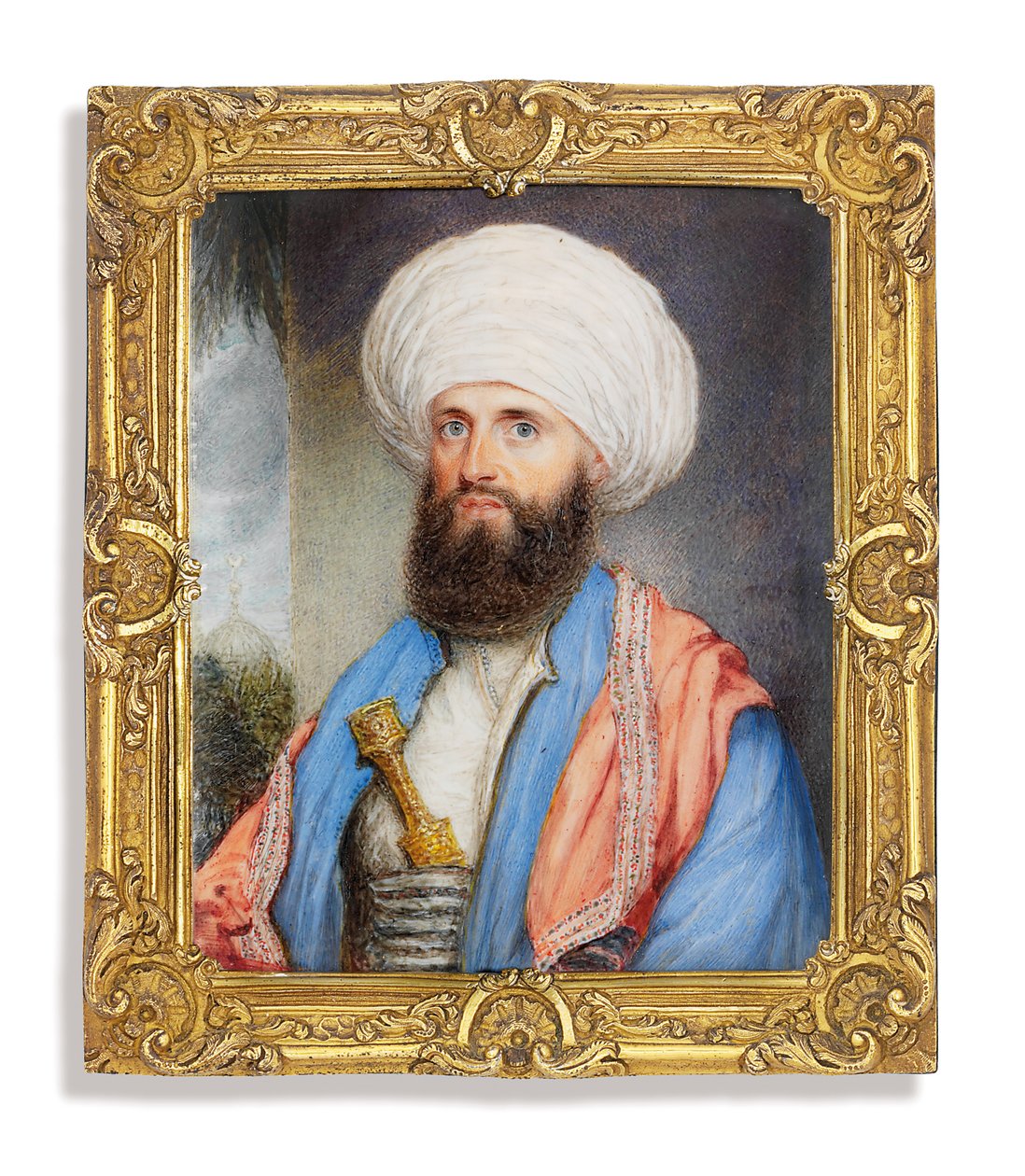 James Silk Buckingham (1786-1855), em camisa branca com um casaco azul claro, xale bordado rosa em volta dos ombros e um turbante branco com uma adaga presa em sua faixa de cintura, fundo de paisagem com uma mesquita de John Jukes