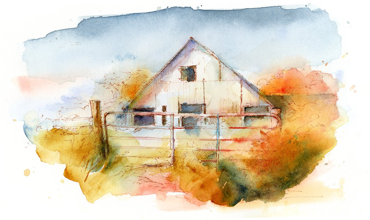 Celeiro em Pleasant Hill 2, 2016, (aquarela) de John Keeling