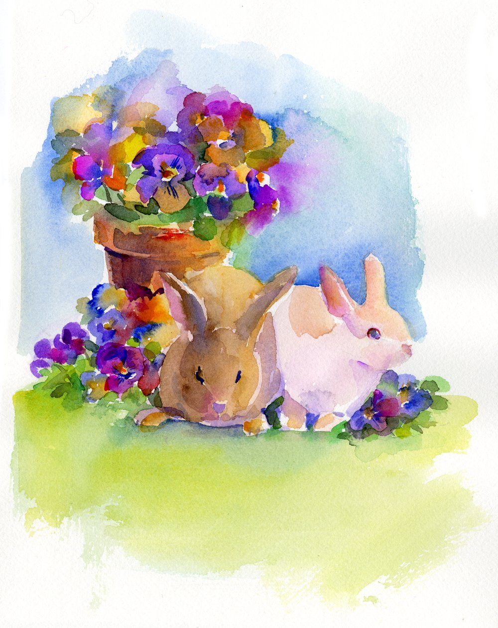 Coelhinhos com Amores-perfeitos, 2014, (aquarela) de John Keeling