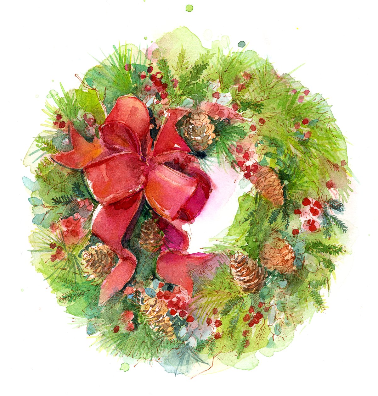 Guirlanda de Natal com Red Bow, 2016, (aquarela) de John Keeling