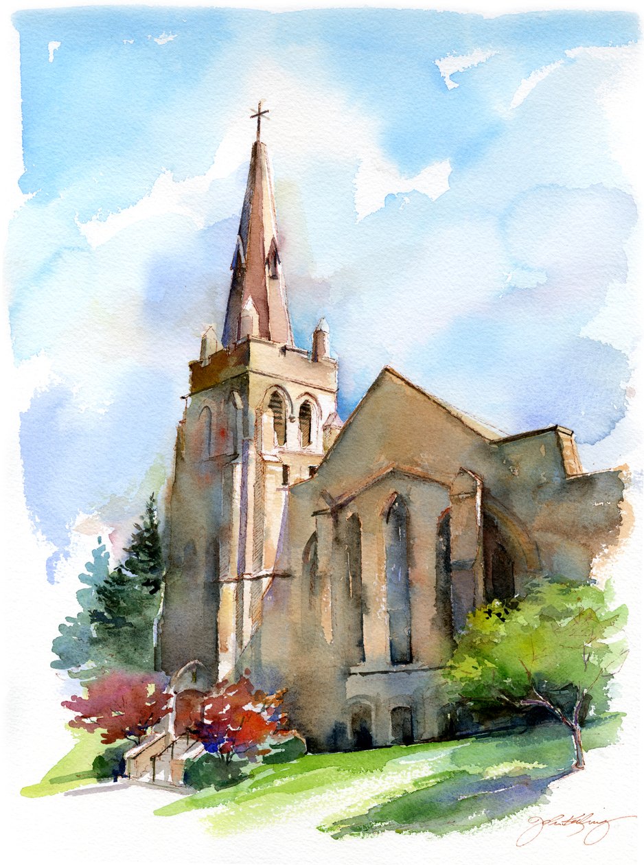 Igreja com campanário, 2016, (aquarela) de John Keeling