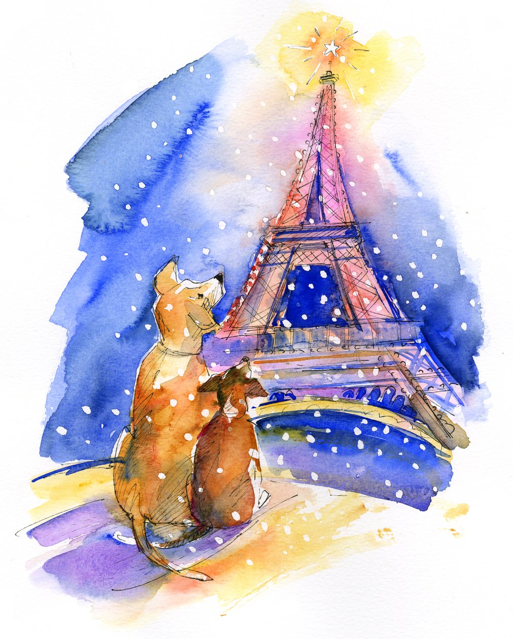 Cães com a Torre Eiffel, 2016, (aquarela) de John Keeling