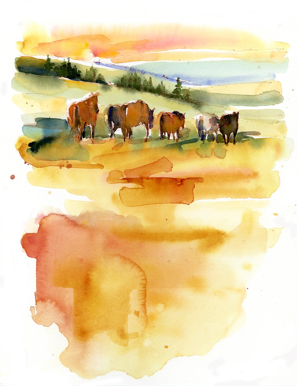 Cavalos ao pôr do sol, 2015, (aquarela) de John Keeling