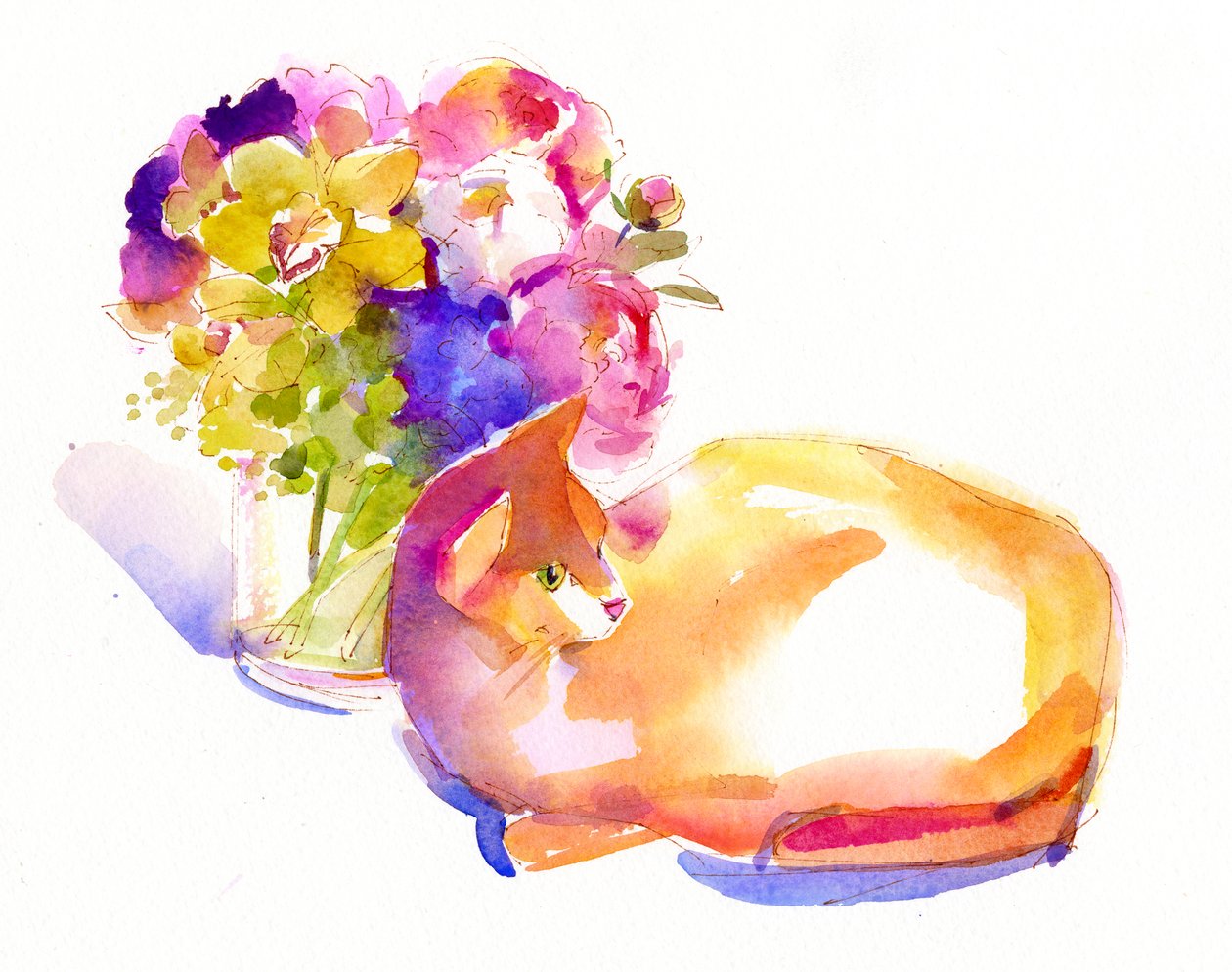 Gato laranja com flores, 2014, (aquarela) de John Keeling