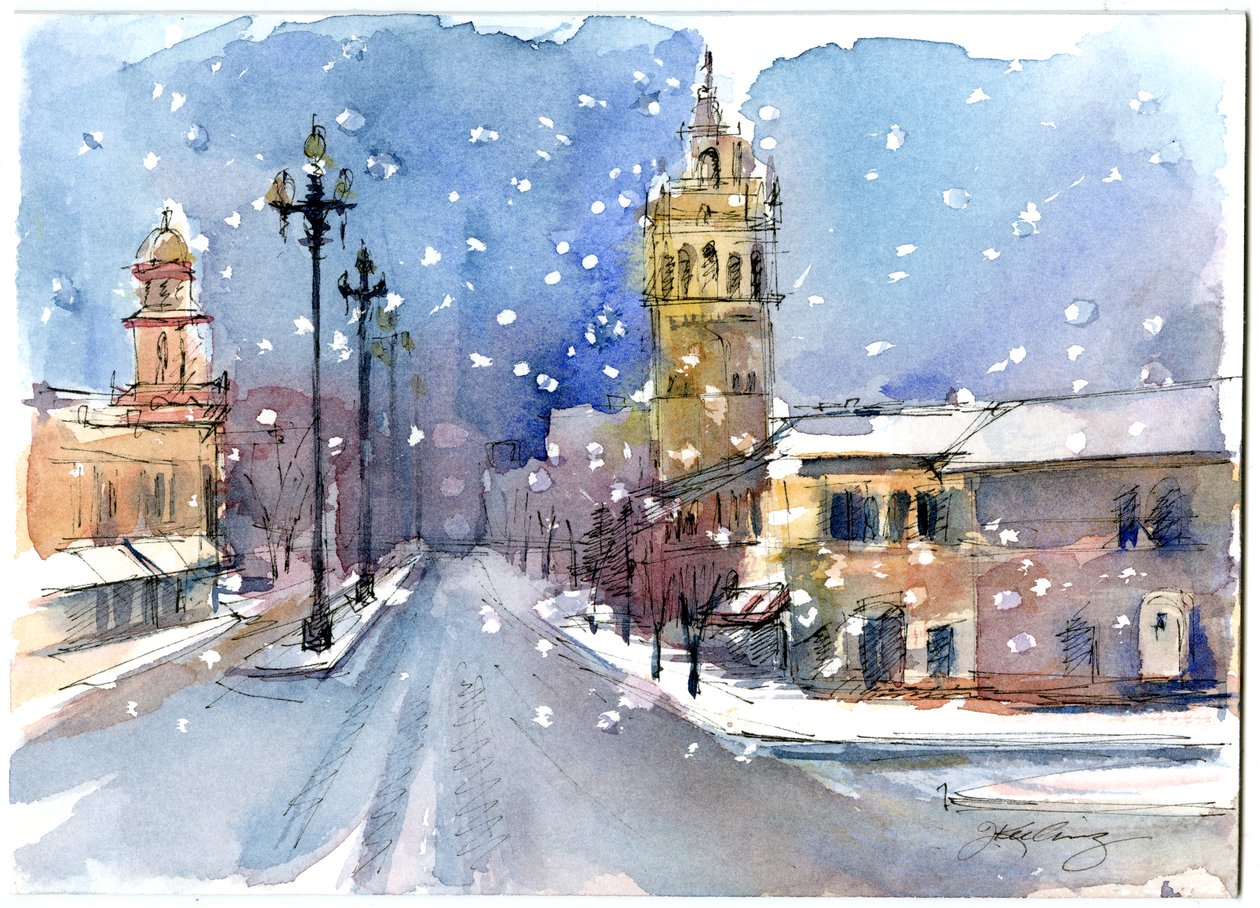 Plaza no inverno de 2015, (aquarela) de John Keeling