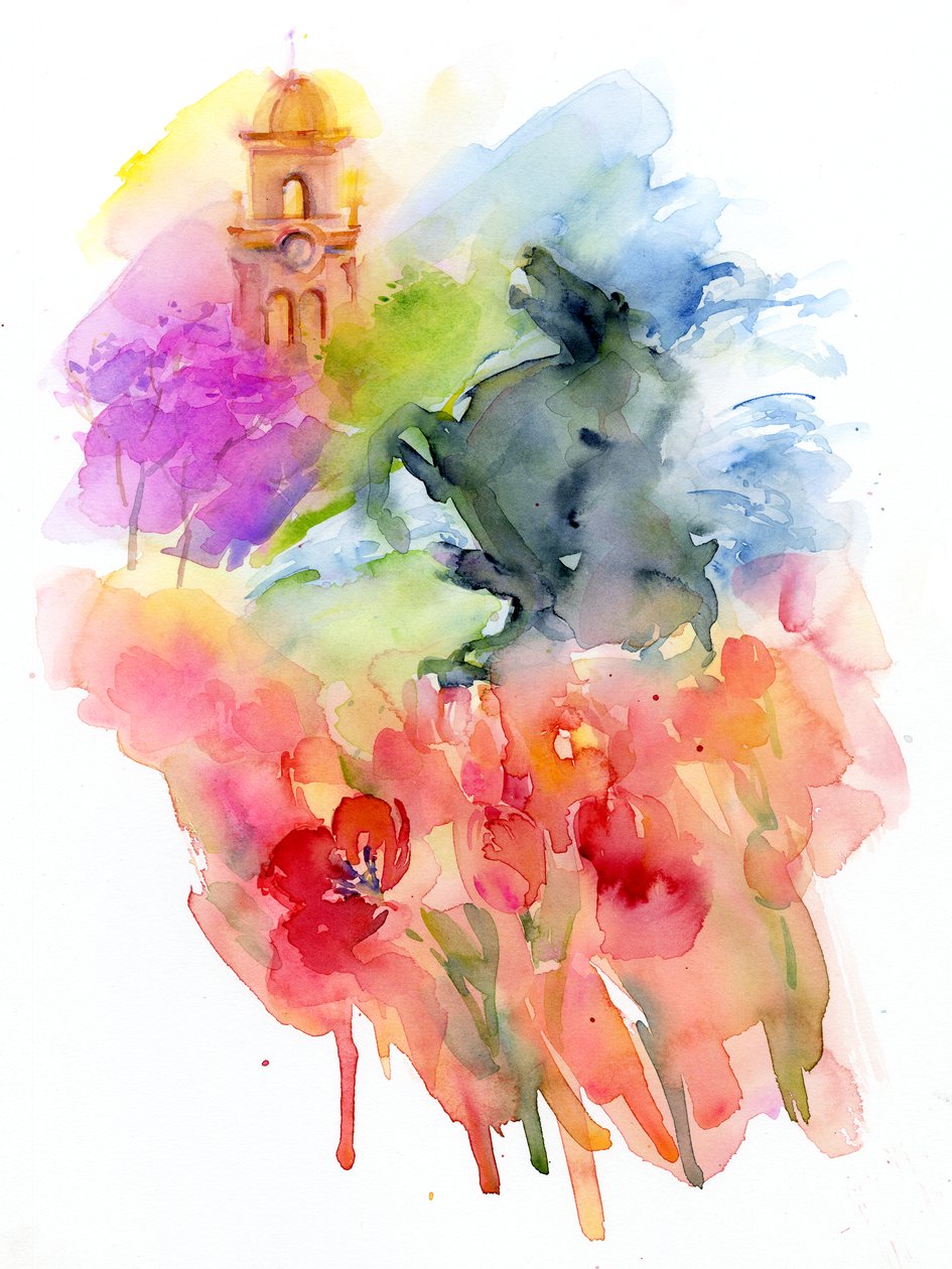 Plaza com tulipas vermelhas, 2016, (aquarela) de John Keeling