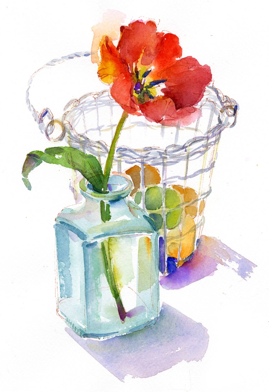 Tulipa com cesta de ovos, 2014, (aquarela) de John Keeling