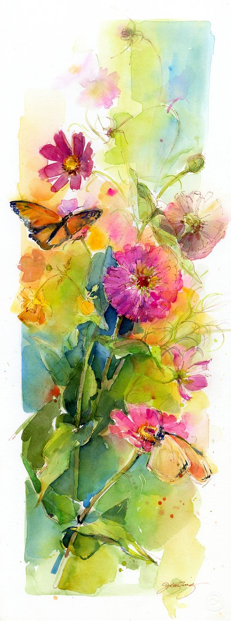 Zinnias e borboletas, 2015, (aquarela) de John Keeling