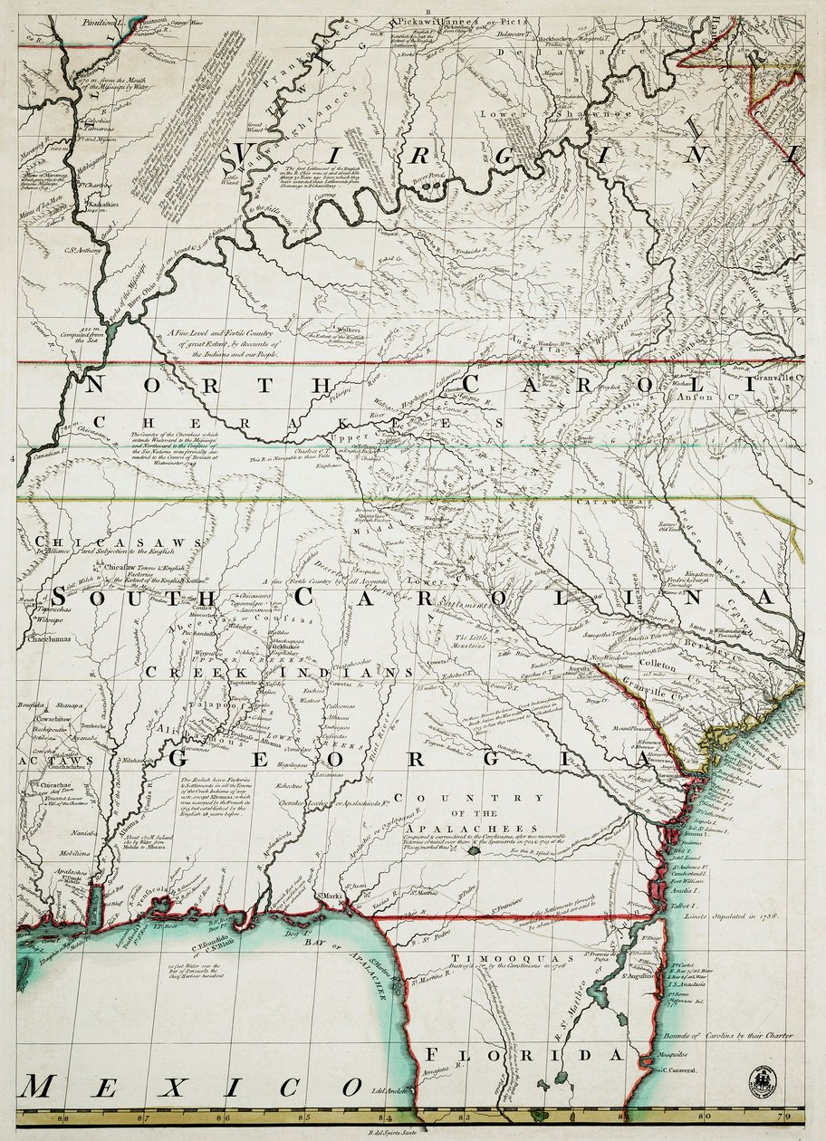 Um mapa dos domínios britânicos e franceses na América do Norte com as estradas, distâncias, limites e extensão das povoações, humildemente inscrito para o Excelentíssimo Senhor Conde de Halifax e os outros Excelentíssimos Senhores Comissários para o Comér de John & Kitchen Thomas & Mitchell (fl.1755 Mitchell
