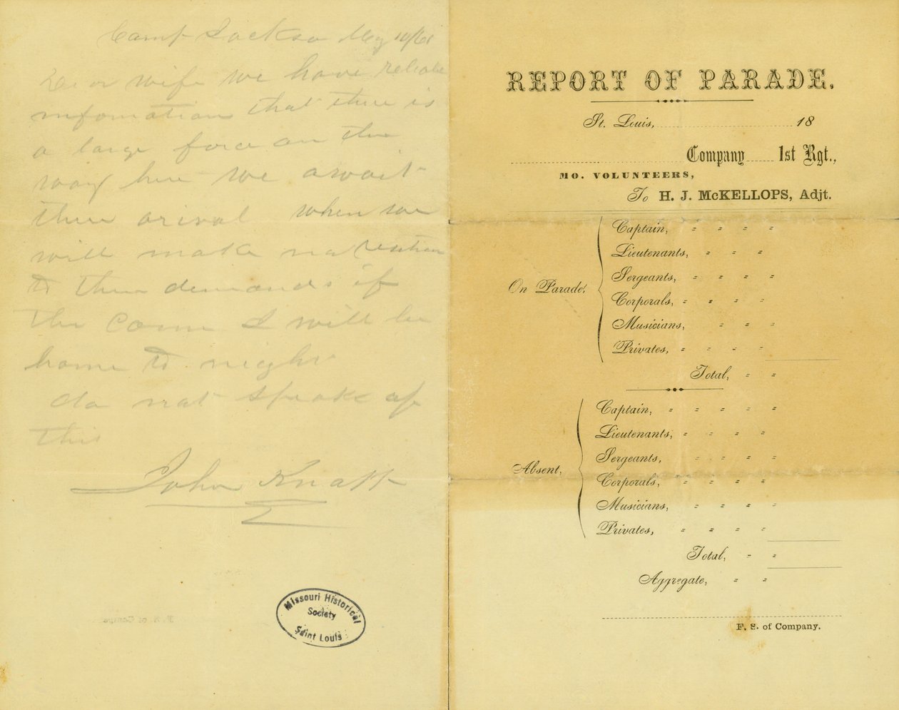 Carta de John Knapp, Camp Jackson, à sua esposa, 10 de Maio de 1861 de John Knapp