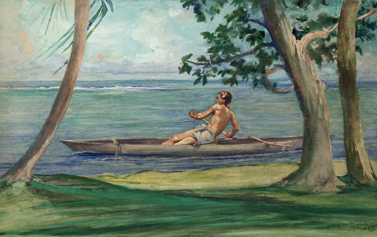 Rapaz em Canoa passando em frente da nossa casa, Vaiala, Samoa de John La Farge