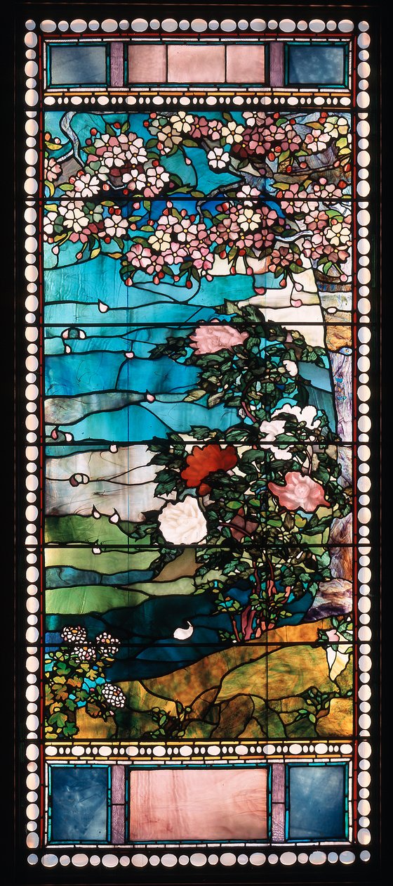 Flor de cerejeira e peônia, janela da Frederick Lothrop Ames House, Boston, Massachusetts de John La Farge
