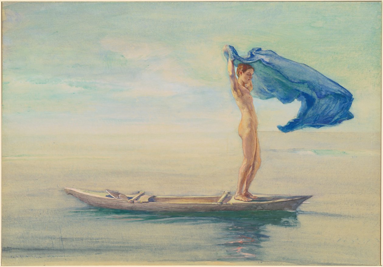 Garota na proa da canoa estendendo sua tanga para uma vela, Samoa de John La Farge