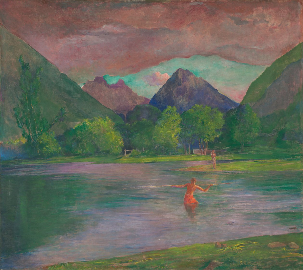A entrada para o rio Tautira, Tahiti. Pescador lançando um peixe de John La Farge